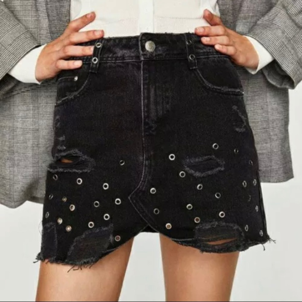 Zara Trafaluc Skirt Black Denim Mini Distress Smal